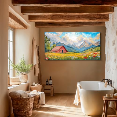 crmotu Rustic Barn Large Wall Art, Mountain Meadow Wildflowers Art Prints, Country Landscape Canvas Paintings, Cottagecore Warmth Oil Paintings Wall Decor Living Room Bedroom Farmhouse 30x60 Inch
