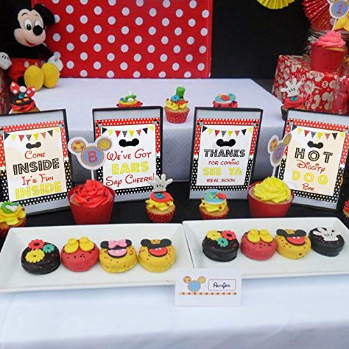 Mickey Party Sign Set Of 4-8 X 10 Inch Mickey Mouse Party Supplies Birthday Sign Printed In Card Stock | Mickey Mouse Clubhouse Inspired Door Signs | Food Labels Disney Decorations Hot Dog Bar Decor #TOP5