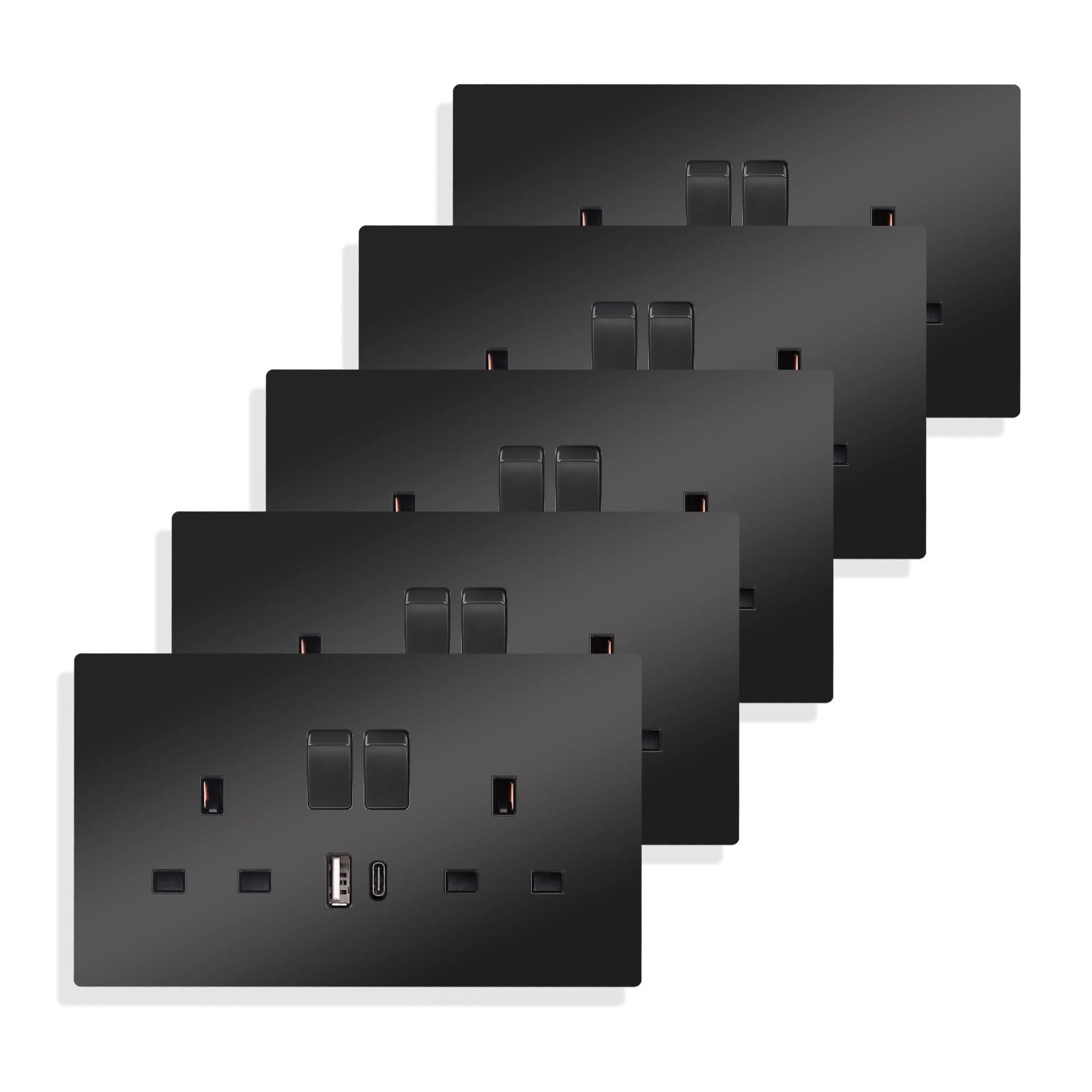 Black Double Switched Power Socket 5 Pack 13 Amp with USB-A and Type-C Charging Ports Crystal Wall Outlet Power Socket 146mm*86mm