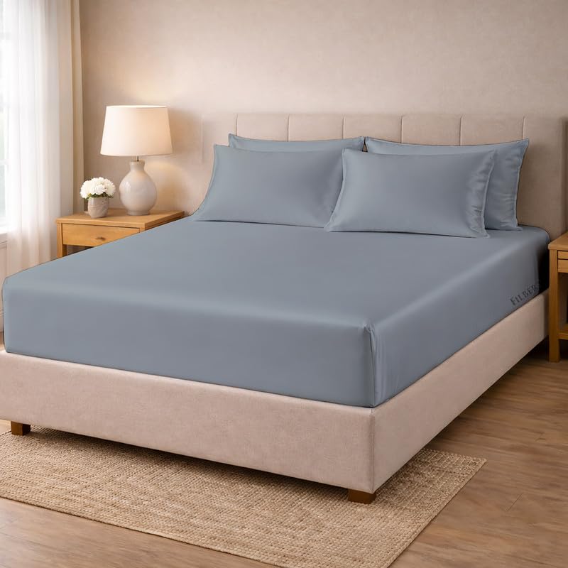 Image of Filbert - Premium Satin Fitted Bedsheet Queen Size (60x78 Inch) with 2 Pillow Covers | Hypoallergenic Breathable | Hair and Skin Friendly, Women Gift Choice|Coin Grey