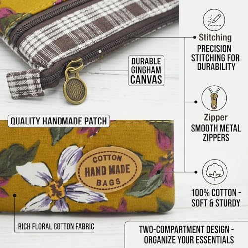 Image of Women Small Zipper Coin Purse, Handmade Fabric Flower Embroidered Change Pouch, Cotton Double Zipper Wallet