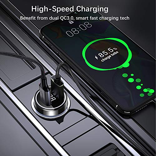 Car Charger, NEEKFOX Mini Dual Port Car Charger, 27W Metal USB Charger Voltage Display with Power Delivery Quick Charge 3.0, Car Adapter Compatible with iPhone 12 pro/XR/Xs/Max, iPad, Galaxy and More