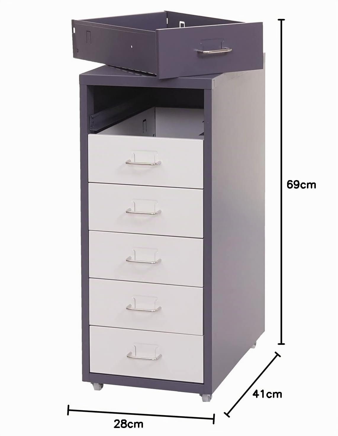 Mendler Cajonera con ruedas Boston T851, armario de acero, 69 x 28 x 41 cm, 6 cajones, gris oscuro, blanco y gris oscuro