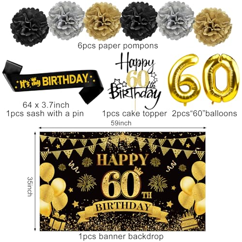 Eucutur SX00321 42Pcs 60Th Birthday Decoration Kit For Men Women, Black Gold Happy 60Th Bday Banner Balloons Honeycomb Centerpiece Swirl Paper Pompoms Party Supplies thumb #2
