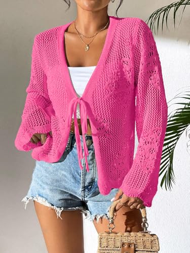 Image of Womens Tie Front Lightweight Crochet Cardigan Shrugs Knit Cardigan Crop Tops Cover Up