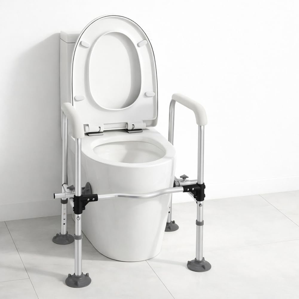BAKAJI Barre di Sicurezza per WC in Alluminio per Anziani, Disabili e Persone con Mobilità Ridotta, Maniglie di Assistenza Antiscivolo, Corrimano Portatile con Altezza Regolabile 64,5-71,5 cm