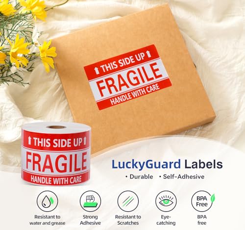 Image of 3 x 5 Inch Handle with Care This Side Up 500 Permanent Adhesive Fragile Stickers for Shipping Moving Glass Labels (1 Roll, 500 Labels)