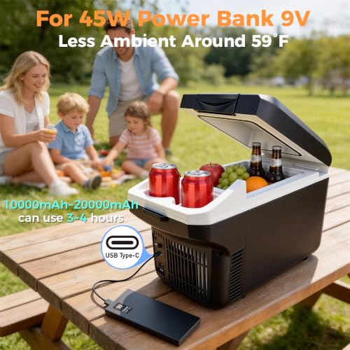 Image of Electric Cooler, 8 Liter /11 Cans Type-C Mini Fridge with Belt (Black) | Power Bank Supported Portable Car Refrigerator, Dual-use Car Fridge for Picnic, Travel, Outdoor, Camping, Home, Gift