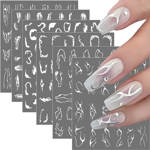 6 Fogli Linea Marmo Adesivi Unghie Nail Art Argento, Stickers Nail Art Linee, Autoadesivi Decorazione Unghie Argento