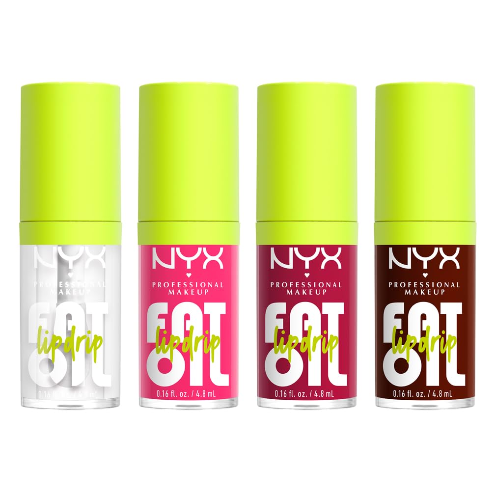 NYX Professional Makeup, Coffret de 4 Huiles à Lèvres Teintées Hydratantes, Formule Vegan, Applicateur Extra-Large, Teintes : My Main (O1) + Missed Call (02) + Newsfeed (05) + Status Update (08)