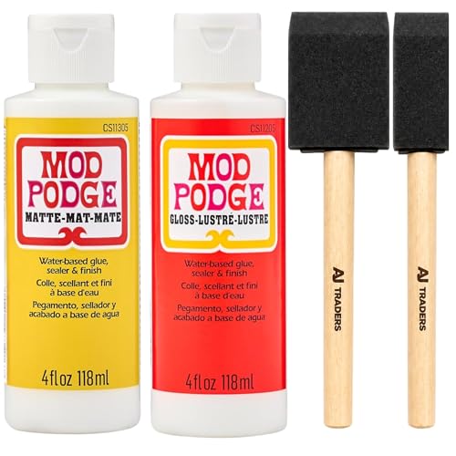 Mod Podge Water Based Craft Glue & Sealer Bundle Modge Podge Matte & Gloss 4 fl oz 118 ml with Foam Brushes for Decoupage Puzzles Paper Fabric & DIY Crafts Quick Drying Decoupage kit.