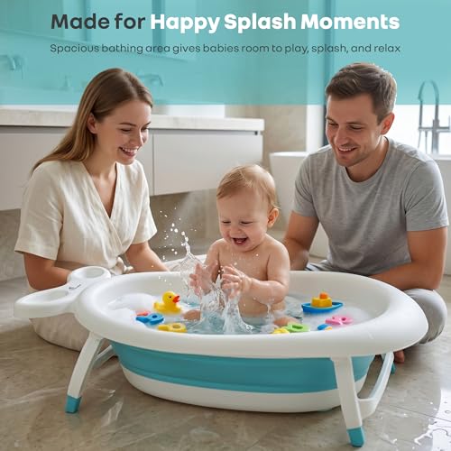 Image of R for Rabbit Bubble Double Finzy Baby Bath Tub Foldable for Kids 9 Months-3 Years | Womb Cocoon Bathtub Design | Anti-Skid Base | Quick Drain Plug | Space Saving Pool Bather with Tray (White Blue)