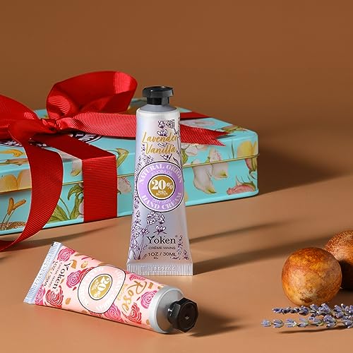 Yoken 20% Shea Butter Hand Cream Gift Set, Instant Soothing Moisturizing Hand Cream for Women Nourishes Dry Hands, 6-Piece Delicate Tin Gift Set Almond, Citrus Verbena & Floral-Scented, 6 x 1 OZ