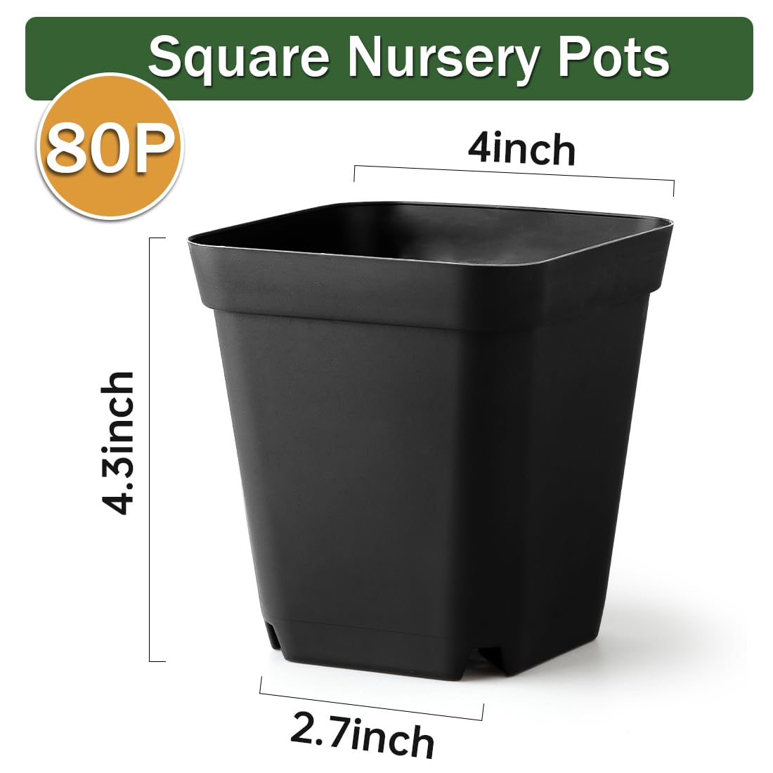 80 Pcs Nursery Pots 4 Inch, Plastic Seed Starting Pot with Drainage Holes, Sturdy Seedling pots for Planting, Succulents, Transplanting, Cuttings (Black)