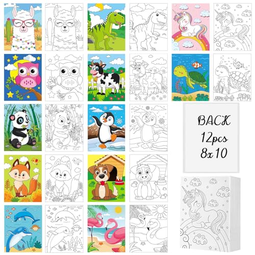 Ctosree 12 Pcs Pre Drawn Canvas for Painting for Kids 8 x 10 Animals Pre Printed Cute Bulk Art Painting Canvas with Pictures to Paint Gift for Boys Girls Valentines Party Favor Activities
