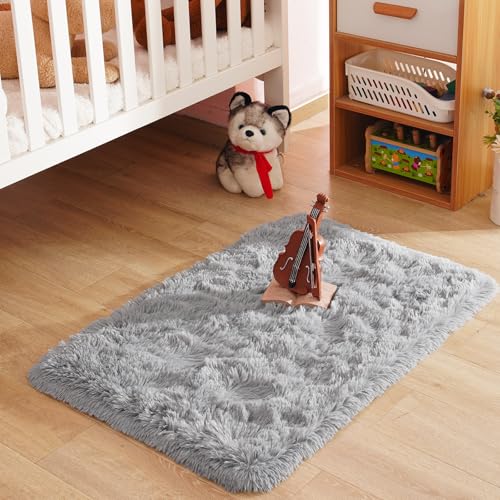 Small Bedside Rug, 2x3 Non Slip Fluffy Shaggy Entryway Throw Rugs for Bedroom Living Room, Indoor Floor Carpet for Kids Girls and Boys, Nursery Rooms Mat, Home Decor Aesthetic, Light Grey