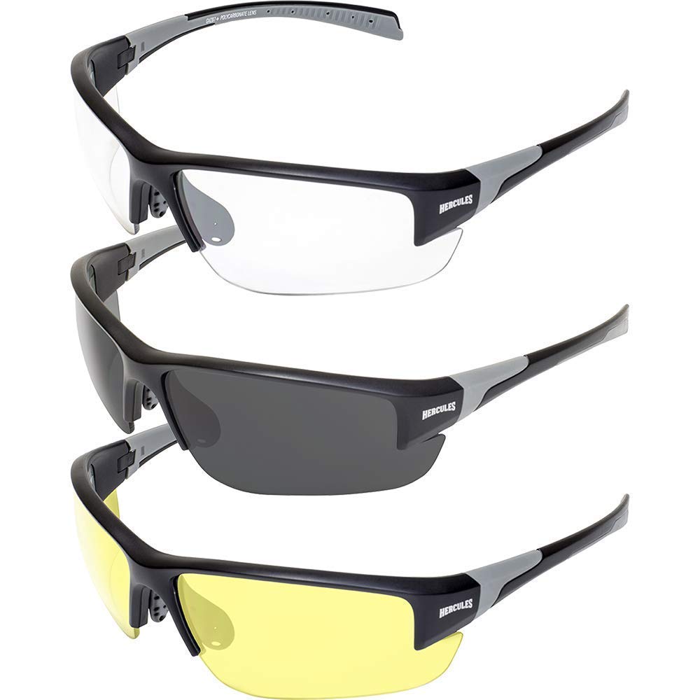 Global Vision3 Pair Hercules 7 Riding Shooting Safety Glasses Black Frames with Clear, Smoke and Yellow Lenses