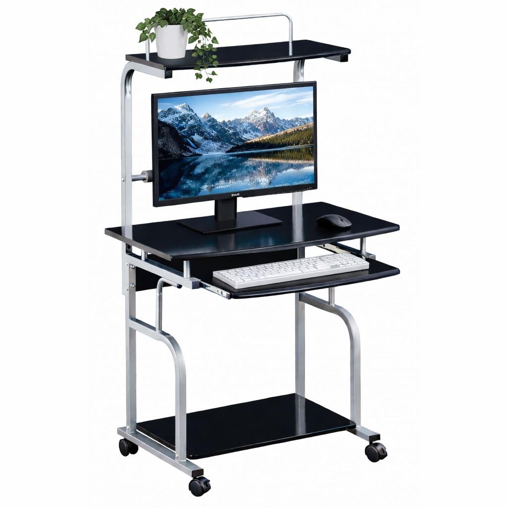 mobile desk per pc con ripiano e porta stampante glossy black