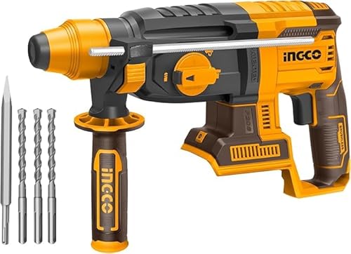 INGCO 20V �u���V���X SDS Plus ���[�^���[�n���}�[�h���� 26mm(�{�̂̂�) 1100RPM 4IN1 �@�\�����m�u 3�{�̃h�����r�b�g��1�{�̃`�[���t�� CRHLI20228