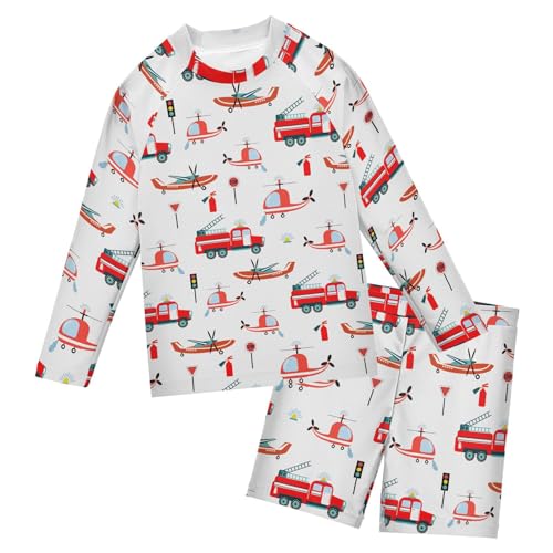 Helicopter Fire Truck Boys Swimsuit Rash Guard Toddler Kids Long Sleeve Swim Shirt and Trunks Swimwear Set 3-10Y