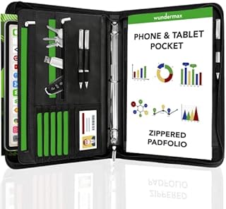 Wundermax Portfolio Binder - 13 x 10.5 x 1.8 Inch, Vegan Leather, 3-Ring Padfolio for Women and Men w/ Zipper, Detachable Binder, Notepad and Pockets for Tablet, Resume and Documents - Black