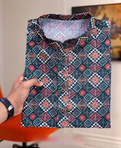 Image of FOXDX Men's Cotton Kurta, Ethnic Printed Kurta for Perfect Ethnic Look, Stand Collar Long Sleeve Casual Printed Regular Long Kurta