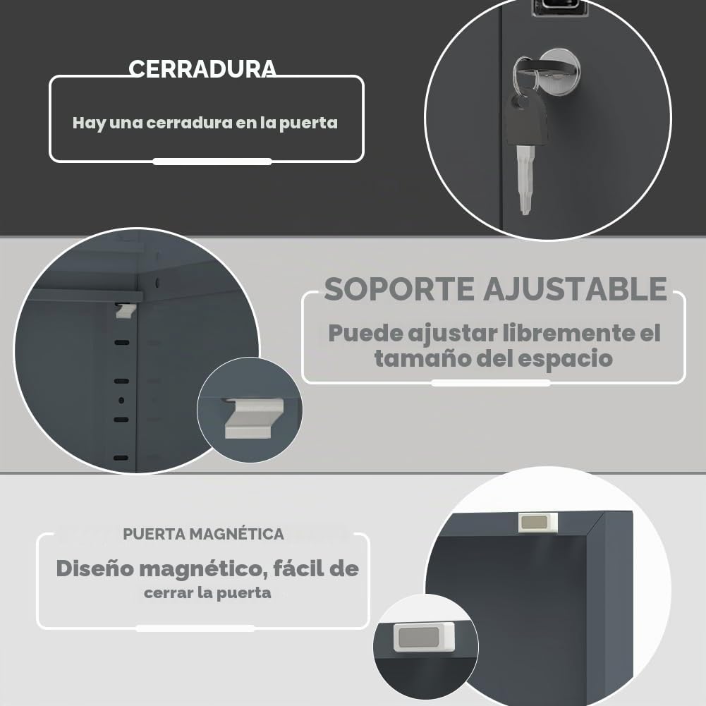 Armario de metal con cerradura y 2 estantes ajustables (90x80x40cm) - Armario de acero para oficina, garaje y hogar | Capacidad de carga de 50 kg por estante (Gris oscuro, 90x80x40cm)