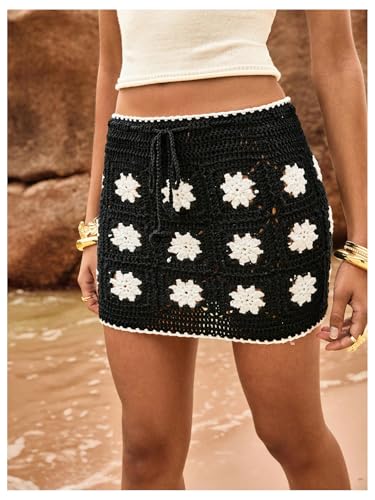 MakeMeChic Women's Crochet Skirts Tie Front Summer Beach Cover Up Floral Mini Skirt2