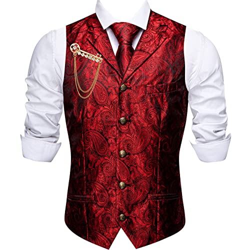 Image of Barry.Wang Mens Paisley V-neck Suit Vest Formal /Leisure Red Black Silk Jacquard Waistcoat Tie Set 5PCS