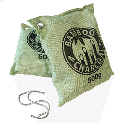 Rupshnok Bolsas Purificadoras de Aire de Bambú – Paquete de 2 Bolsas Grandes Verdes Desodorizantes de Lino con 500g de Carbón Vegetal Activo Inodoro – Incluye 2 Ganchos en S para Colgar el Ambientador