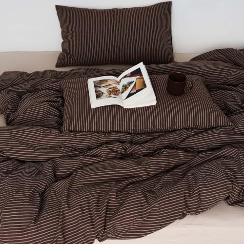 Image of Nayoroom Striped Duvet Cover Queen Brown Pinstripe Bedding Set