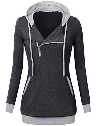 Messic Women's Funnel Neck Check Contrast Tunics Lightweight Pullover Hoodie Top (33#Carbon Black, XX-Large)