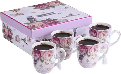 Miniatura 1 de London Boutique Juego de tazas de café de té, 4 porcelana, pájaro, rosa, mariposa, diseño Shabby Chic en caja de regalo, 11 oz