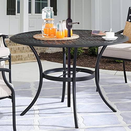 Patiofestival 42. 1" X 42. 1" X28. 3" Round Outdoor Dining Table Space Saving Patio Bistro Table With Umbrella Hole All Weather Steel Frame Metal In Black #TOP9