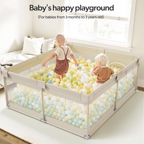 Image of Fodoss Baby Playpen, 59x69in Beige Playpen for Babies and Toddlers, Play Pen for Apartment, Kids Activity Fence, Baby Playard with All-Side Mesh, Pull Rings