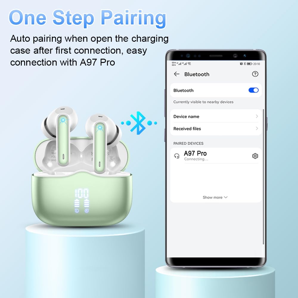 xinwld Auriculares Inalambricos, Auriculares Bluetooth 5.3 In Ear con 4 ENC Mic, Pantalla LED Doble Cascos Inalambricos HiFi Estéreo, In-Ear Earbuds Deportivos IP7 Impermeable, 40H, USB-C, Verde