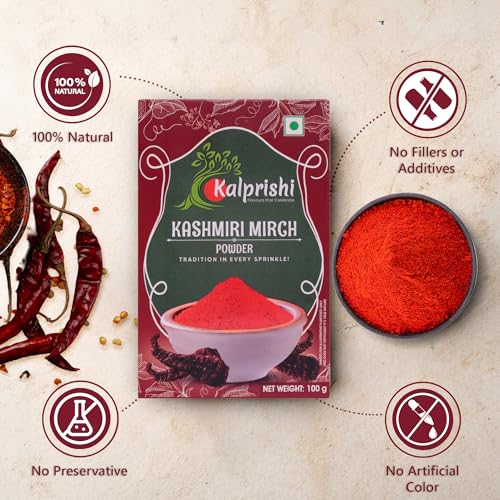 Image of Kalprishi Kashmiri Red Chilli Powder with Natural Oils, 500 gm (100g x 5) Kashmiri Lal Mirch Powder for Curry, Paratha, Sabji, Tadka, Pulav