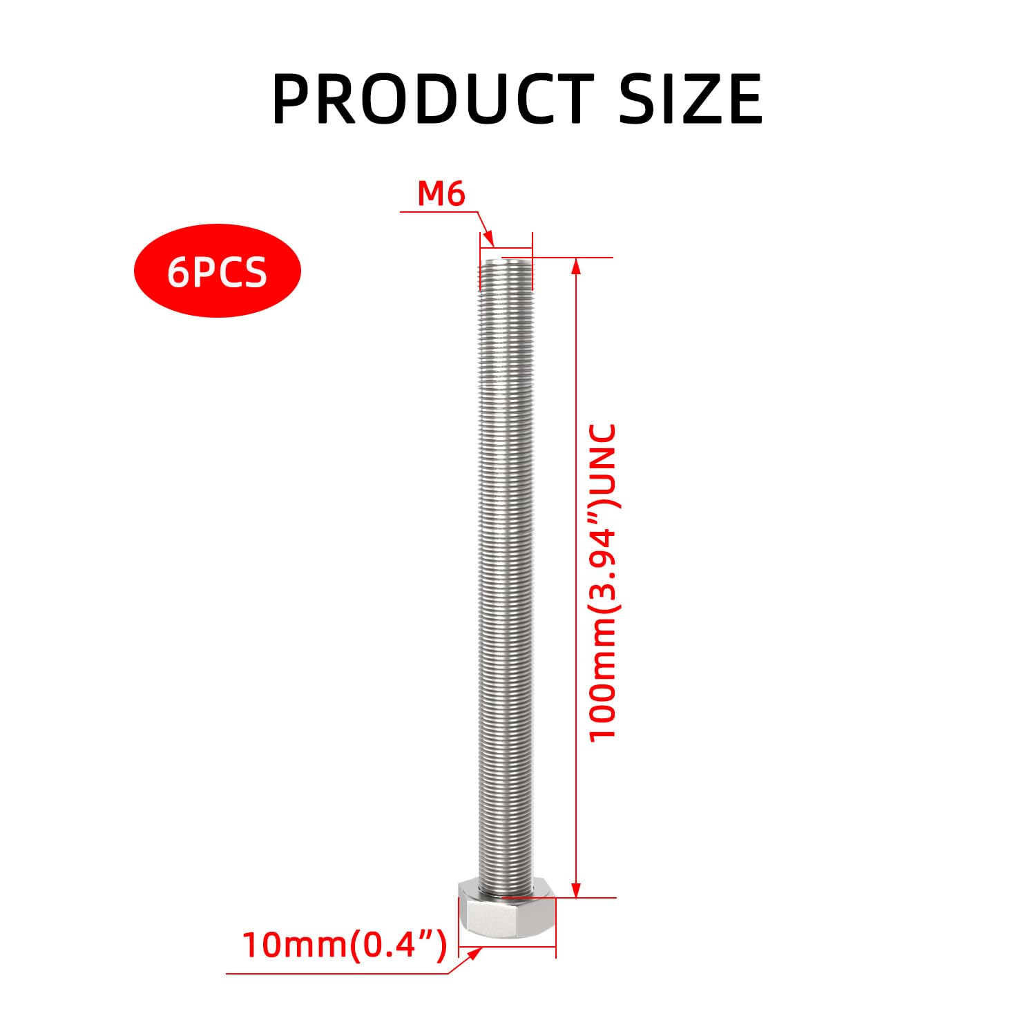 Aopin 6pcs SUS304 Stainless Steel M6 x 100mm Hex Head Bolts Screws Grade 8.8 Stainless Steel, Fasteners Fully Machine Threaded - Image 2