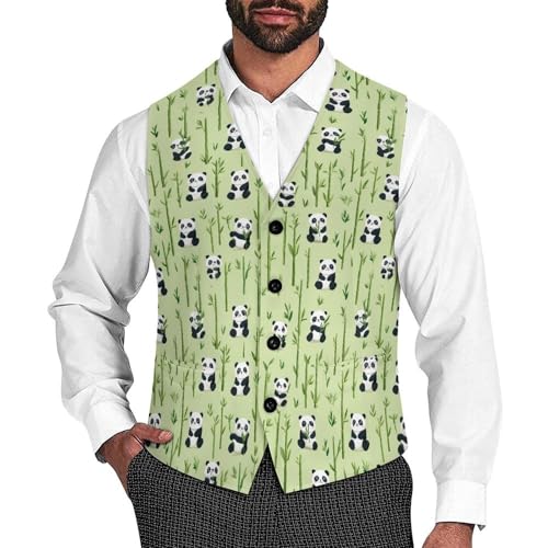 Cute Panda Suit Vest for Men Slim Fit Sleeveless Jacket V Neck Business Waistcoat Button Up Dressy Top