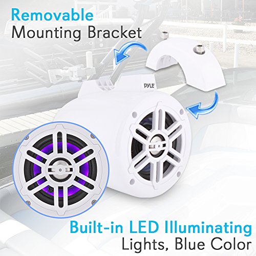 Pyle Waterproof Marine Wakeboard Tower Speakers - 4In Dual Subwoofer Speaker Set W/Led Lights & Bluetooth For Wireless Music Streaming - Boat Audio System W/Mounting Clamps Plmrlewb47Wb (White) #TOP1