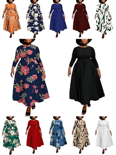 Image of Hostoyo Women Plus Size Formal A Line Maxi Dress Self Tie Waist with Pockets Elegant Round Neck Swing Long Dresses