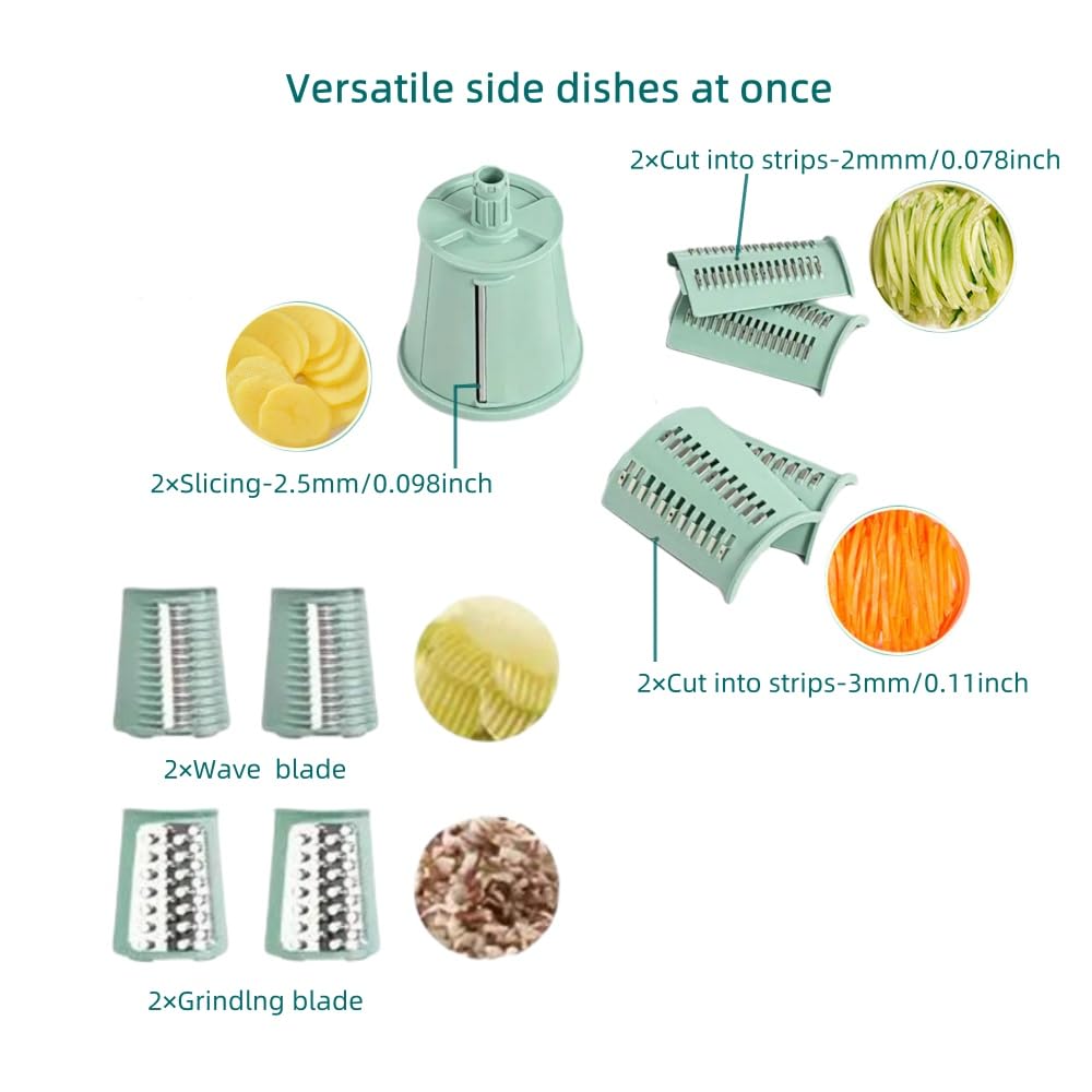 Rallador de Verduras Rotativo Rallador de Queso Manual con 10 Cuchillas Intercambiables con Caja para Guardar Las Cuchillas Cortadora de Verduras Ideal para Queso, Pepino, Zanahoria, Nueces（verde）