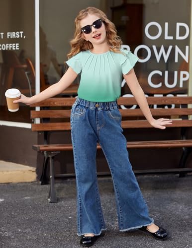 Image of Arshiner Girls T Shirts Ruffle Short Sleeve Summer Pleated Crewneck Casual Tops Tees Blouses