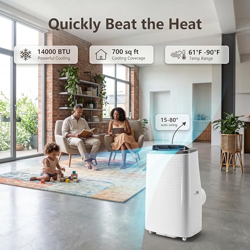 Image of 14,000 BTU Portable Air Conditioners, 4-in-1 Modes with Cooling, Dehumidifier, Fan, 24-Hour Timer, Follow Me Function, Remote Control & Complete Window Kit, Cools Rooms Up to 750 Sq. Ft, for Bedroom
