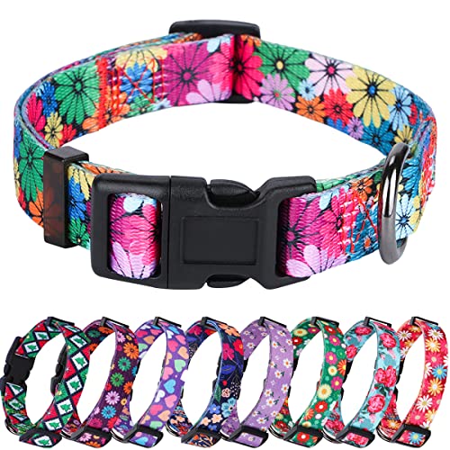 Rhea Rose Girl Dog Collar with Cute Daisy, Pink Sunflowers, Rose Print Animal Print for Small Medium Large Dogs L