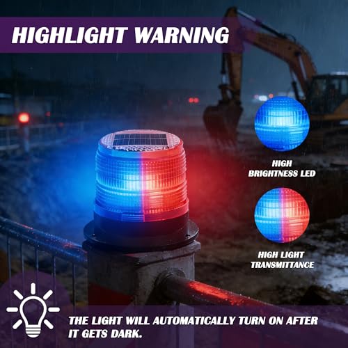 Image of Solar Strobe Warning Light: Strong Magnetic Base Waterproof Traffic Light,Solar Safety Flashing LED Lamp for Construction, Factory, Safety Sign, Crane Tower, Boat Navigation (Red and Blue)