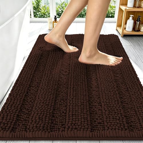Image of Smiry Thick Chenille Bathroom Rugs 34x21, Extra Soft Absorbent Striped Bath Mat, Machine Washable, Rubber Backing, Bath Rugs for Bathroom, Tub & Shower, Modern Home Decor Accessories, Brown