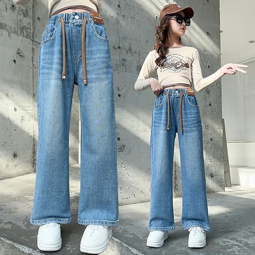 Stylish Girls Wide Leg Denim Jeans Casual Pants with Drawstring High Waist and Pockets for Everyday Wear3