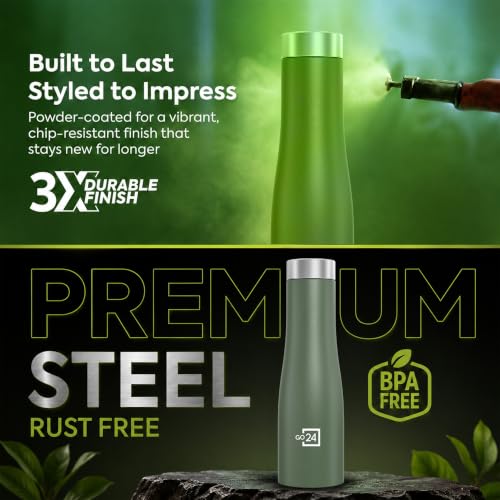 Image of Go24 pexpo Monaco 1000 ISI Certified Stainless Steel Sports /Fridge Water Bottle with Steel Cap, 970ml, Military Green | BPA Free | Water Bottle for Office, Gym, School, Yoga, Trekking, Adults&Kids