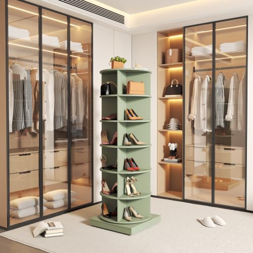 Image of HKLYRHIMO Rotating Storage Rack-American Design White-7-Tier Spinning Storage Rack,Free Standing 360 Revolving Shoe Organizer-for Bedroom,Livingroom,Hallway. (Green,6-Tier with Base)